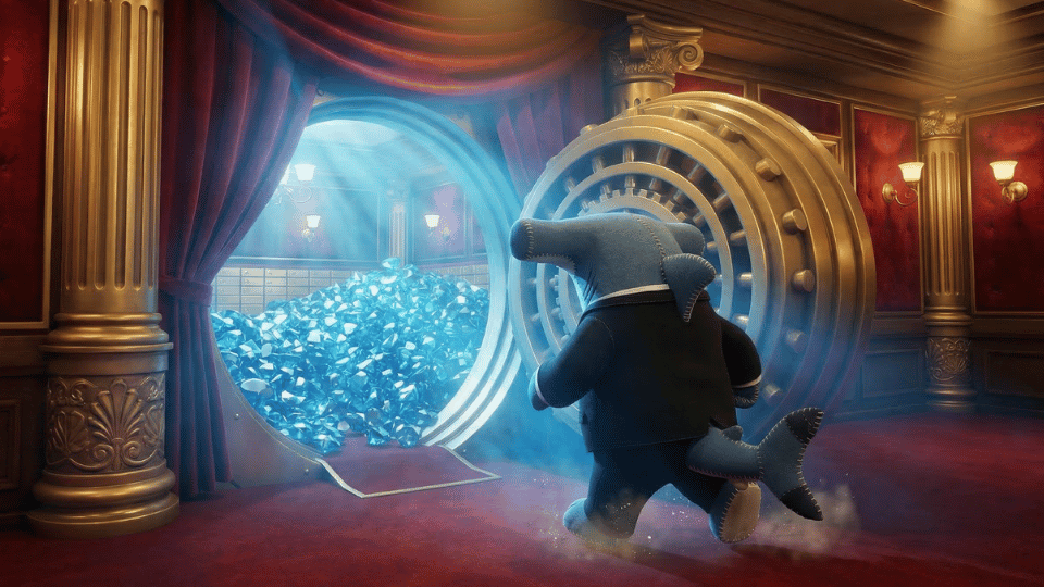 A plush shark character in a suit enters a vault filled with blue gems.